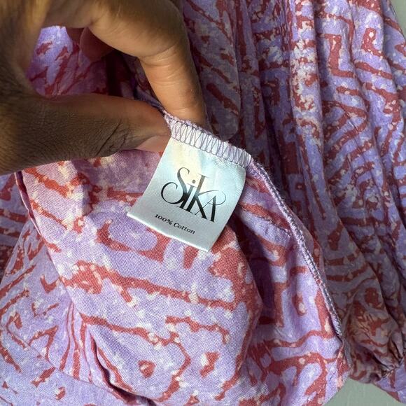 Sika Wrap Top Cotton Printed Lilac Rust 3/4 Sleeve Tie Front Cropped Top Size 4 - Picture 6 of 7